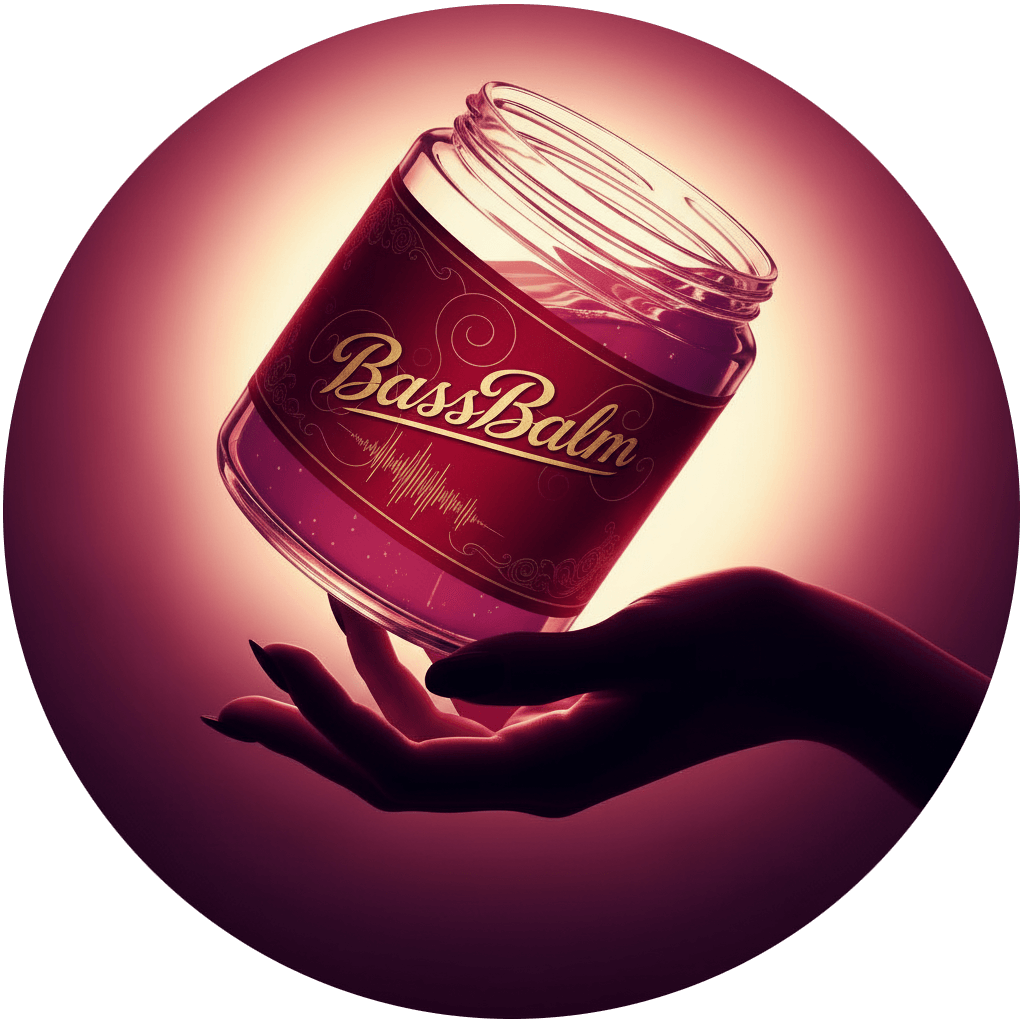 Image of hand holding a jar of BassBalm sonic balm