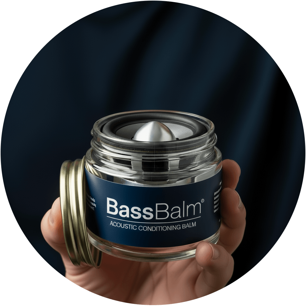 Image of hand holding a jar of BassBalm sonic balm