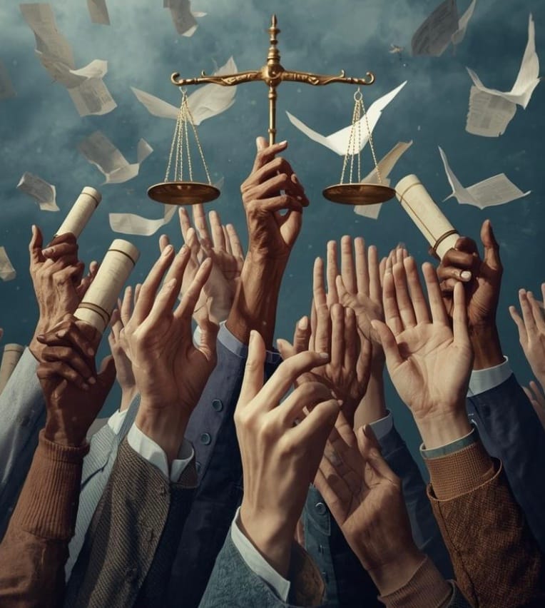 hands up in the air with justice scales
