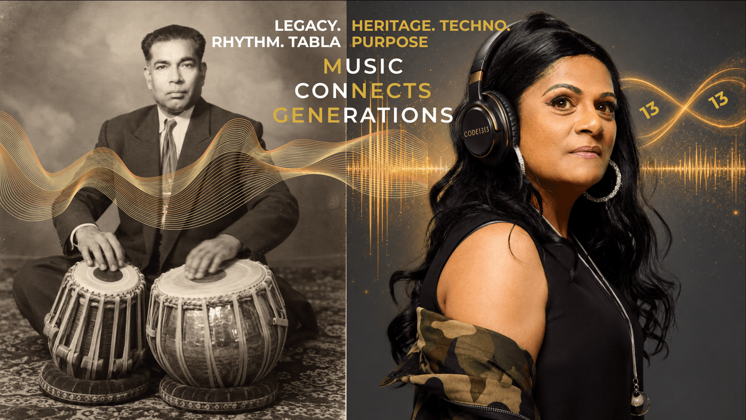 Sharm Pillay, South African DJ, producer and curator, wearing CODE1313 headphones alongside a portrait of a tabla musician, representing musical heritage, rhythm and techno.