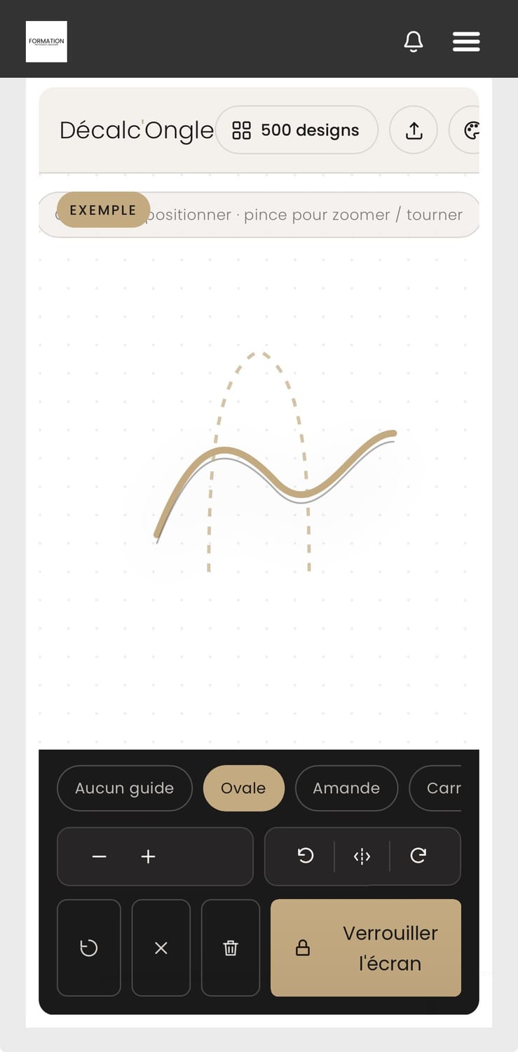 L'application Décalc'Ongle : design positionné dans un guide de forme ovale, prêt à décalquer