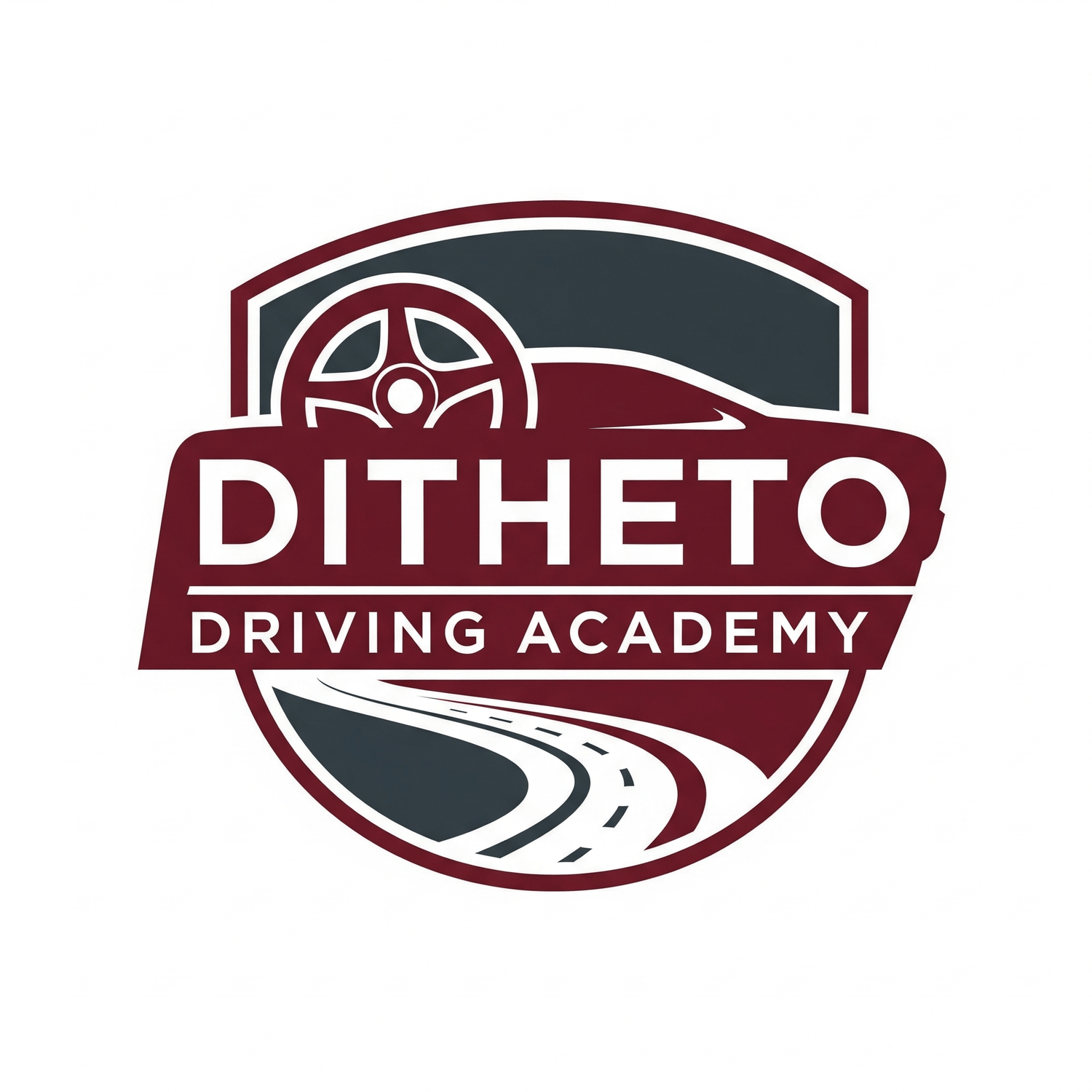  maroon and dark gray circular logo for Ditheto Driving Academy. The logo features a stylized road curving from the bottom left toward the right, with a steering wheel in the upper left. The text "DITHETO" is in large, bold letters across the center, with "DRIVING ACADEMY" written in a smaller font directly beneath it. The logo is enclosed in a shield shape.