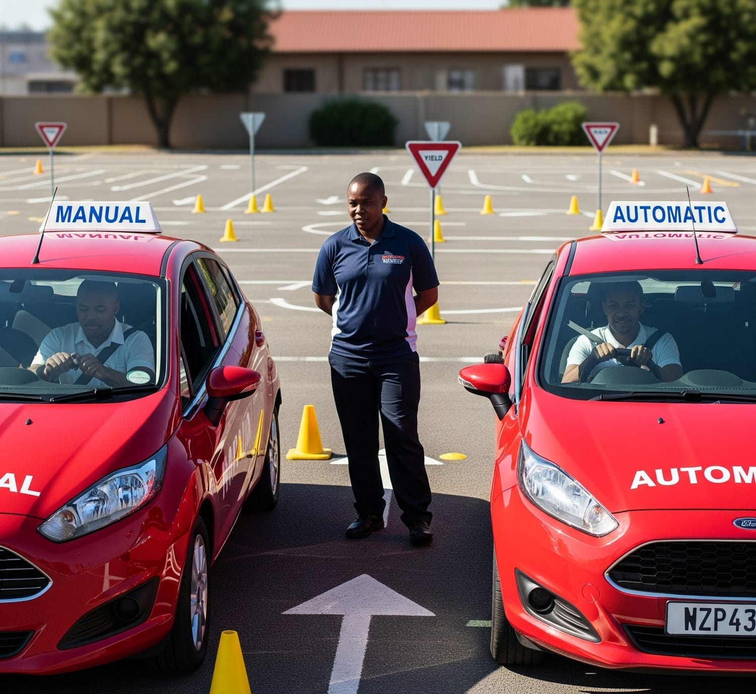 A male driving instructor stands between two red Ford Fiesta cars in a driving practice yard. The car on the left has "MANUAL" written on its roof and "MANUAL" in large letters on the hood. The car on the right has "AUTOMATIC" written on its roof and "AUTOMATIC" in large letters on the hood. A student driver is visible in the driver's seat of each car. The yard is marked with traffic cones and road signs.