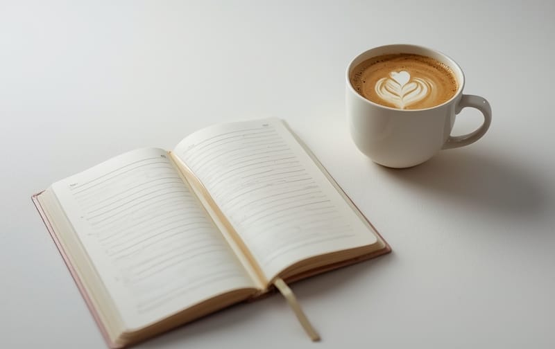 open journal and cup of tea