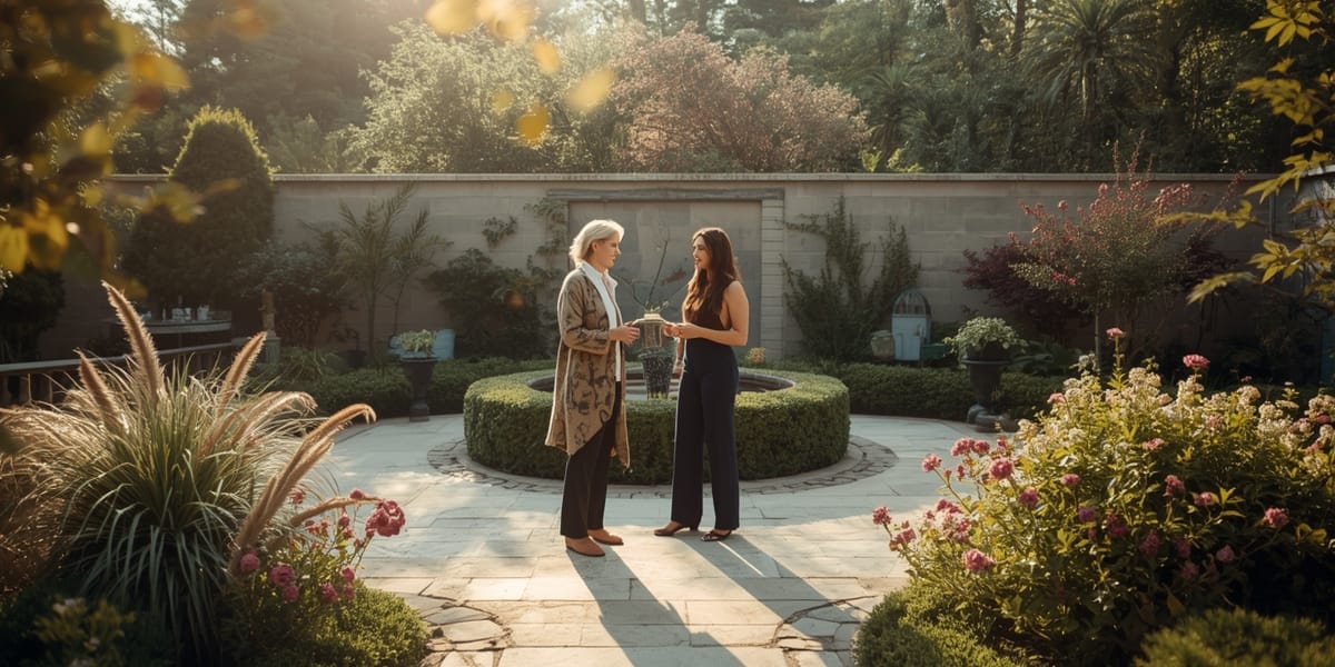 two women talking in a sunlit garden, editorial wellness