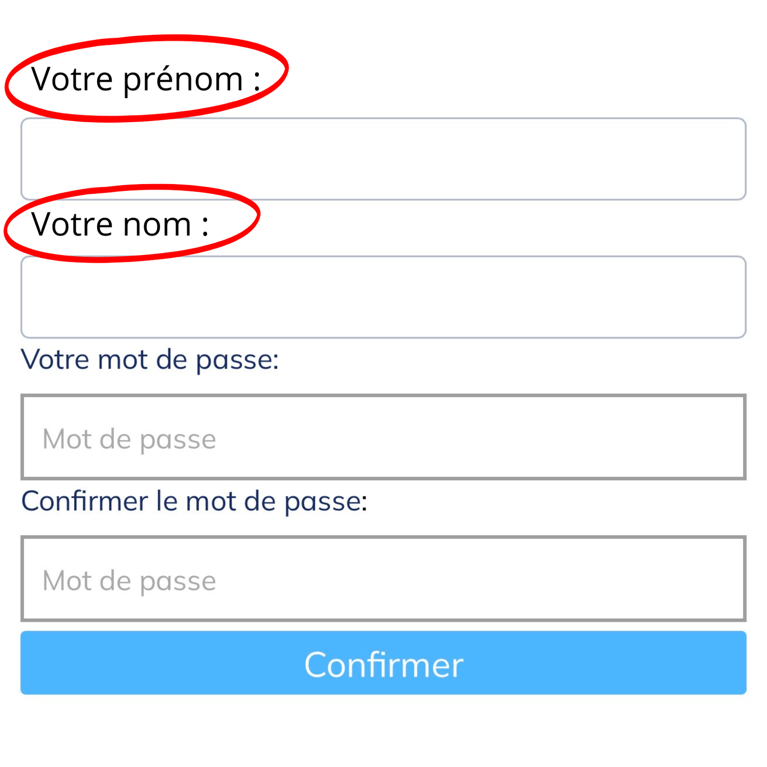 Exemple des champs prénom et nom