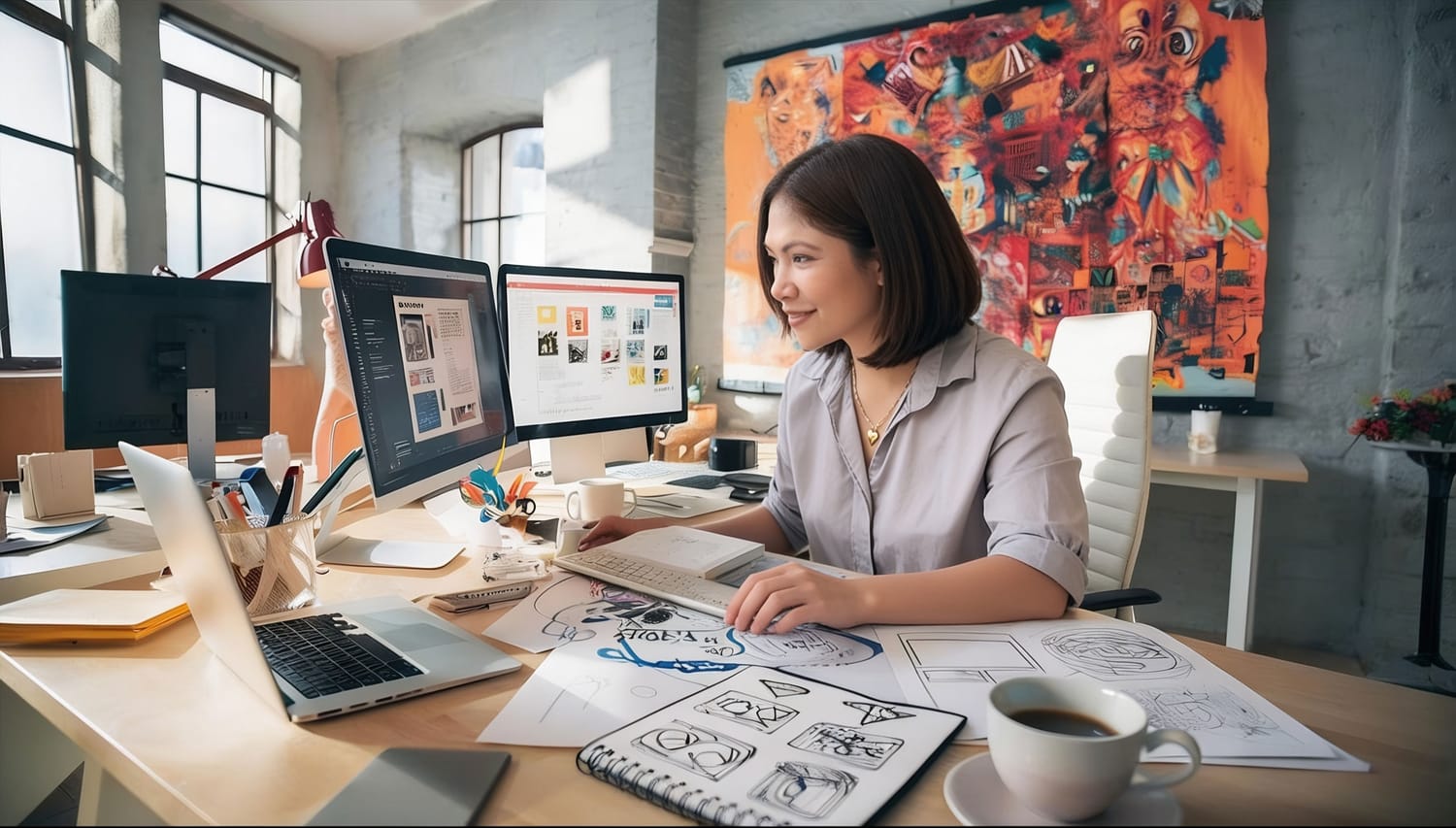 A designer at work with colour swatches and drawing tablet — the human judgment at the centre of strategic design