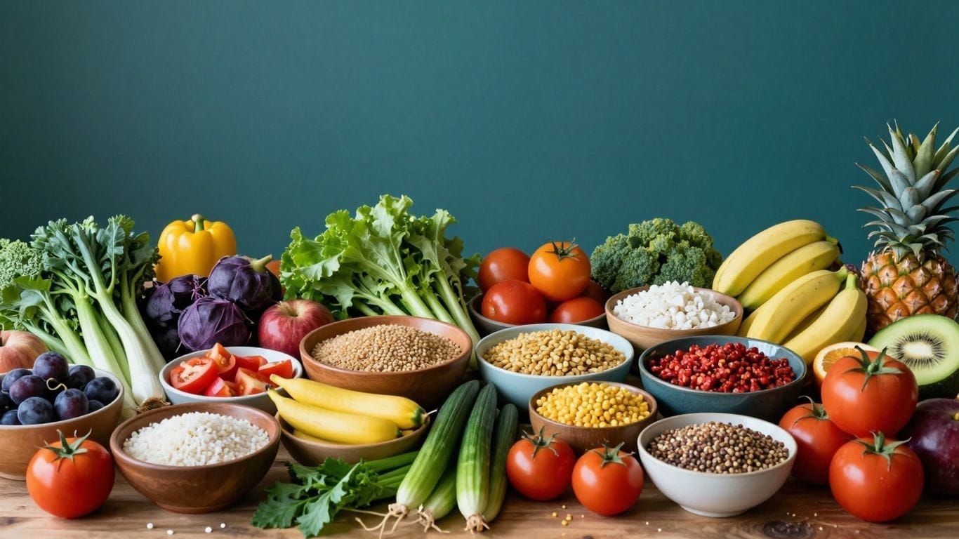 Colorful vegetarian food spread on a table.