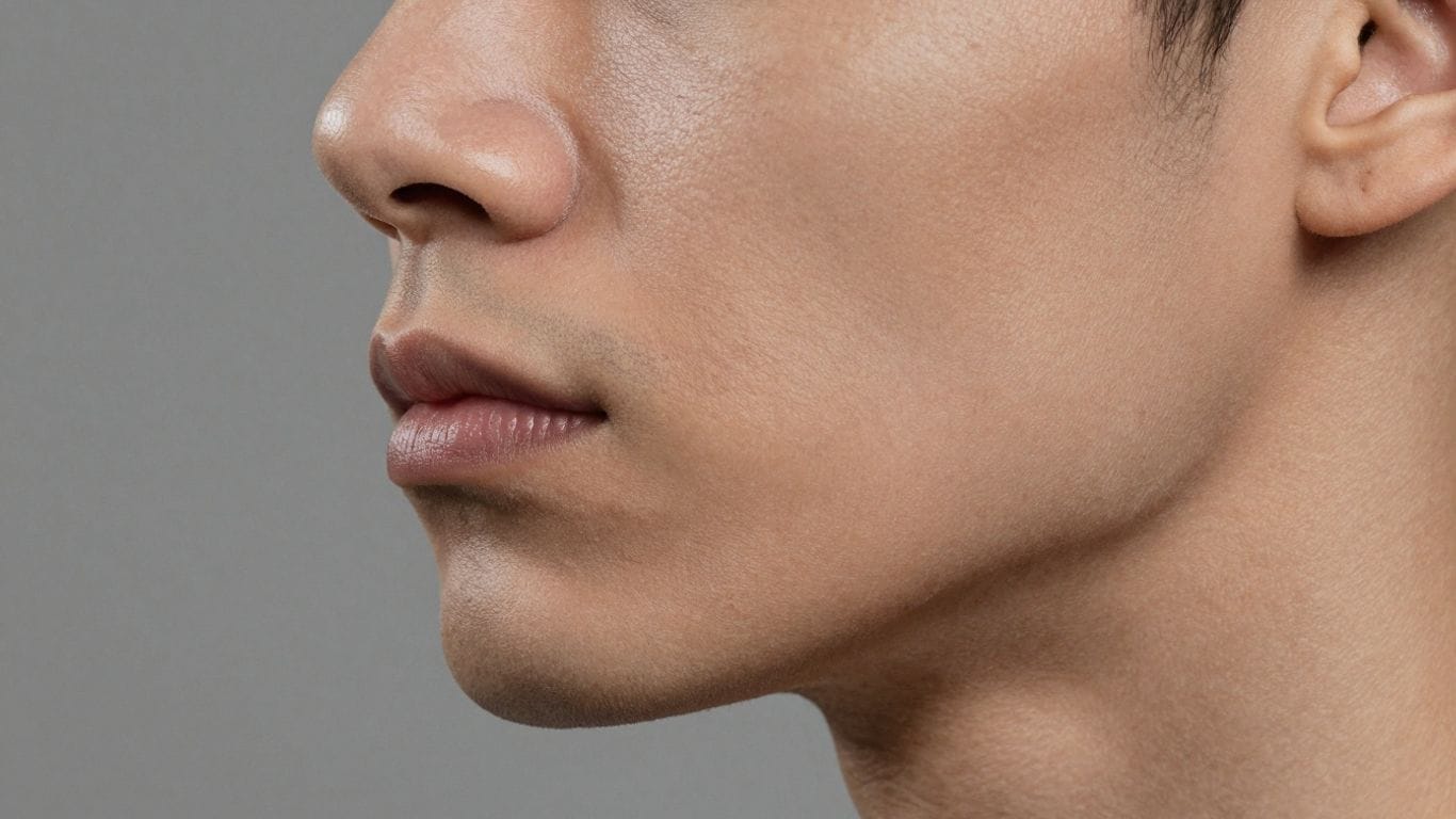 Face with fuller cheeks and defined jawline.