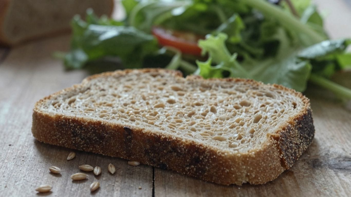 Whole wheat bread slice and green salad on a wooden table.