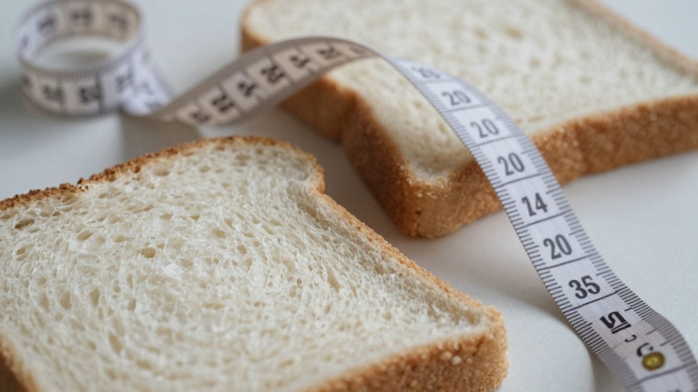 Wheat bread slice with measuring tape for weight loss comparison.