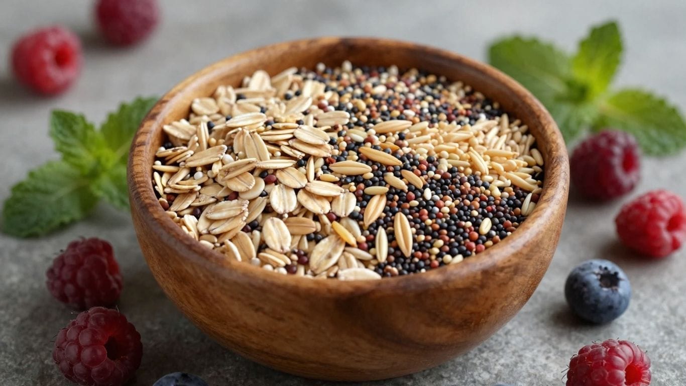 Bowl of whole grains with berries and mint