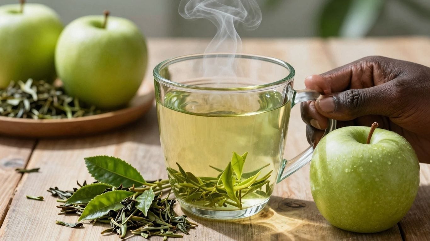 Green tea, leaves, and apple for weight loss.