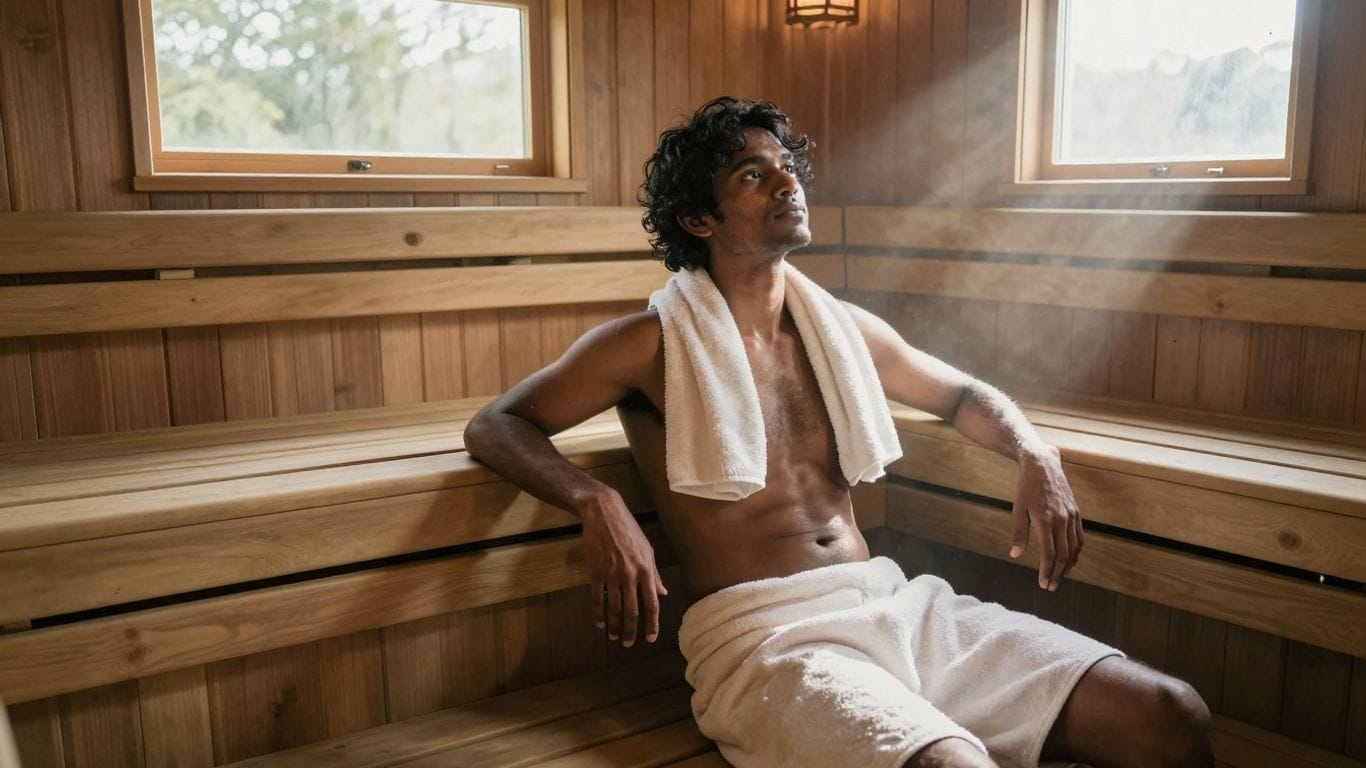 Person relaxing in a steamy wooden sauna.