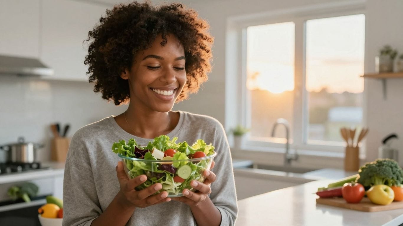 Person holding healthy salad with sunrise background.