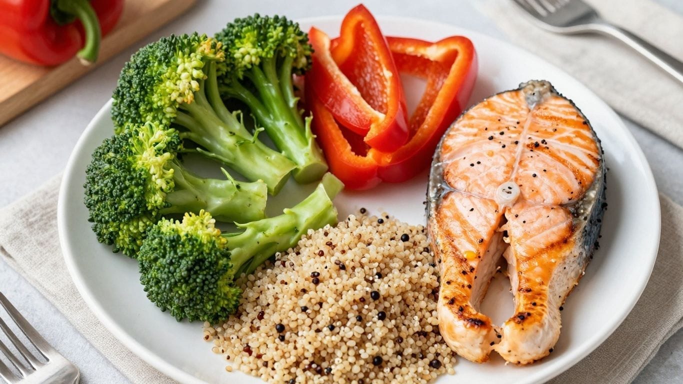 Healthy meal with lean protein and colorful vegetables.