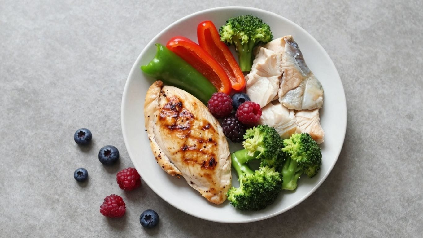 Healthy meal with lean protein and colorful vegetables.