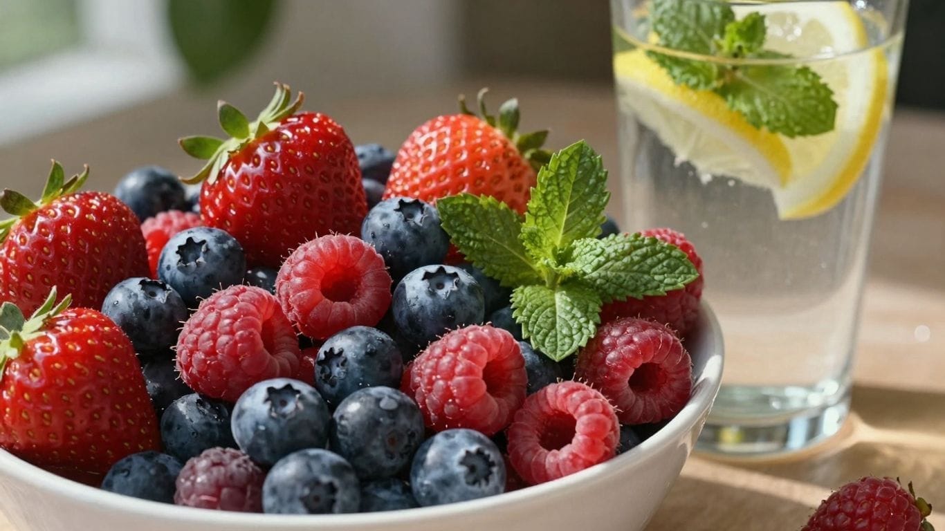 Fresh berries and a refreshing glass of water with lemon.