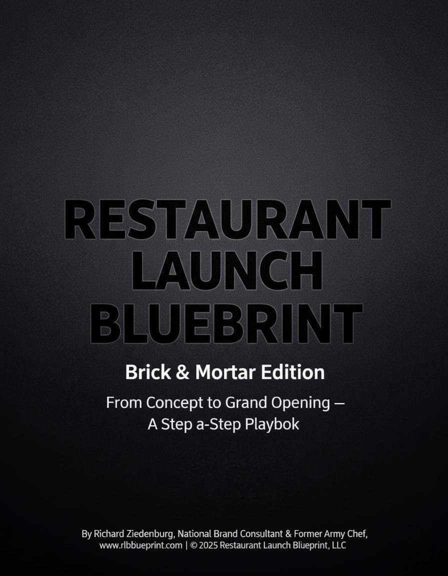 Cover of the Restaurant Launch Blueprint: Brick and Mortar Edition by Richard Ziedenburg, a step-by-step playbook from concept to grand opening