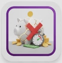Broken piggy bank with a red X and clock icon symbolizing avoiding costly restaurant startup delays