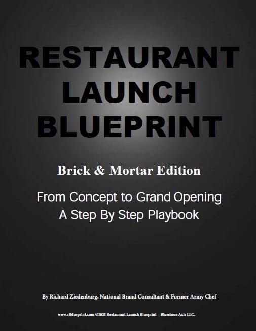 Cover of the Restaurant Launch Blueprint guide by Richard Ziedenburg, featuring a modern restaurant exterior with tables and warm lighting