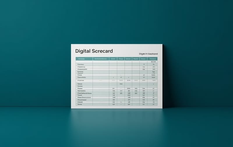 minimalist digital scorecard workbook mockup, dark teal accents, clean studio background