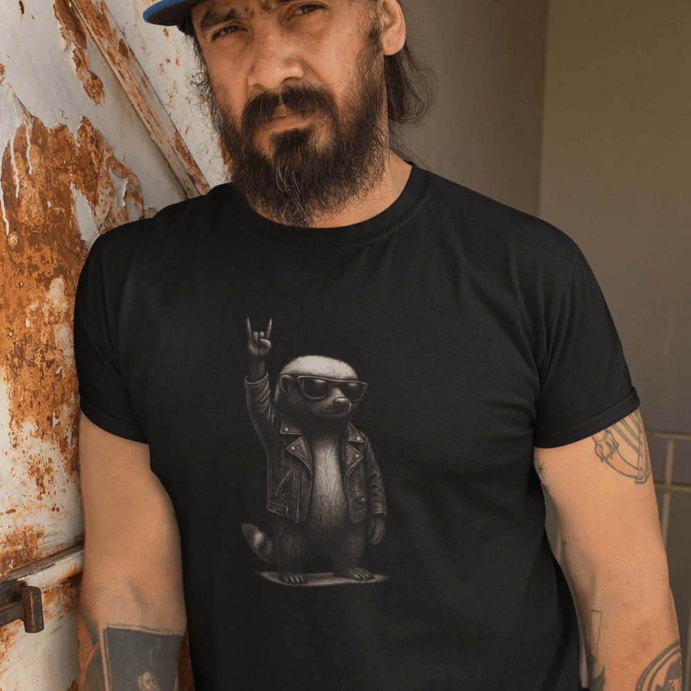 Bärtiger Mann mit Cap und Tattoos trägt ein schwarzes T-Shirt mit einem coolen Dachs in Lederjacke und Sonnenbrille, der die Rocker-Geste zeigt.