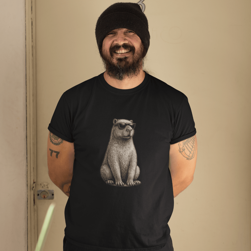 Mann trinkt ein Bier auf einer Gartenparty mit einen coole schwarzen T-Shirt auf welchem Bier Gewinnt! steht.