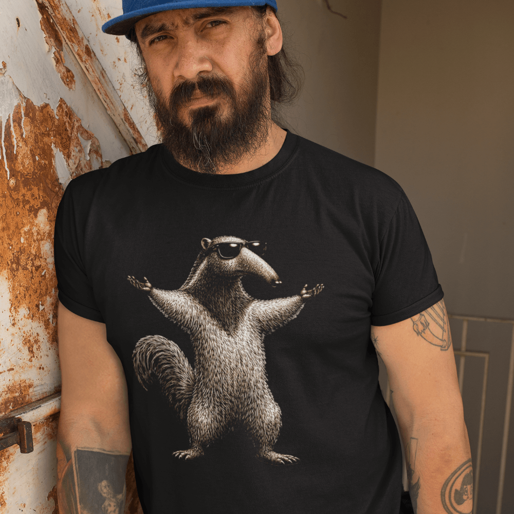 Gamer am PC trägt schwarzes T-Shirt mit Headclicker Blueprint Gaming Design.