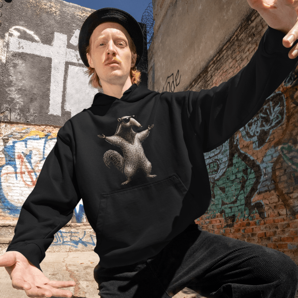 Gamer im dunklen Raum trägt schwarzen Hoodie mit Headclicker Blueprint Gaming Design.