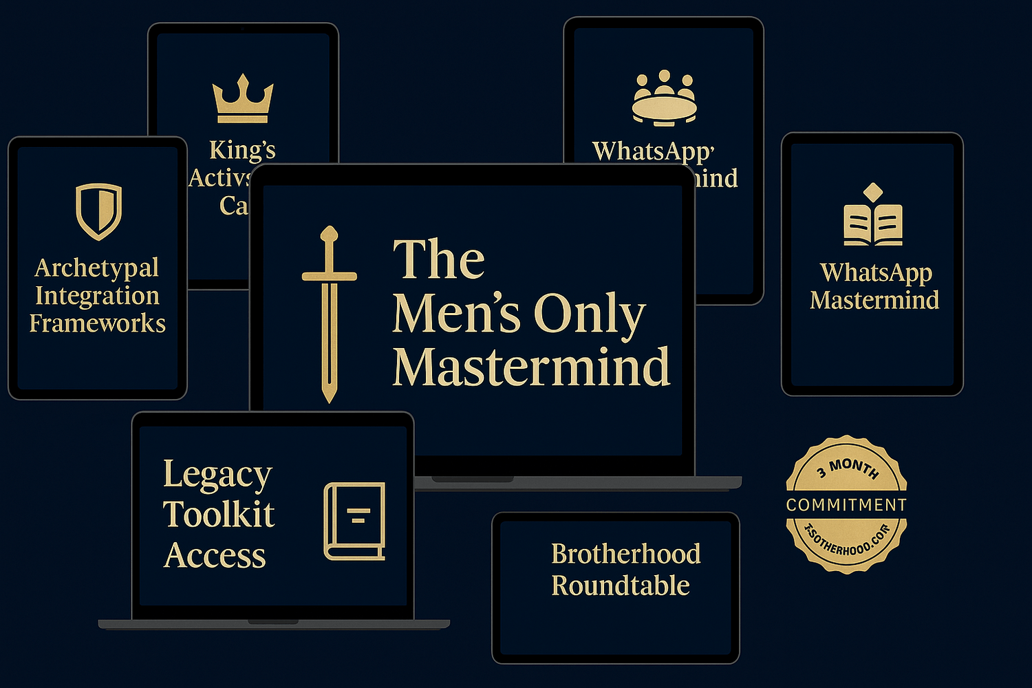 Digital mockup of Men’s Only Mastermind program by Fiona Ellis, archetypal integration and legacy leadership for men.