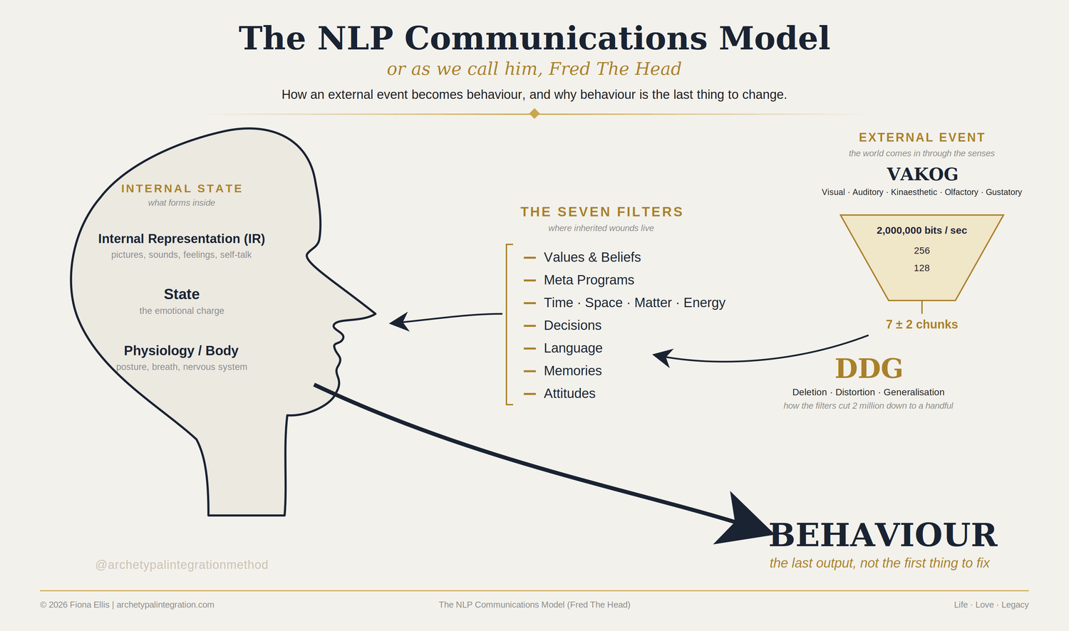 The NLP Communications Model (Fred The Head): an external event enters through the senses (VAKOG), passes through the seven filters via deletion, distortion and generalisation, forms an internal representation and state, and produces behaviour as the last output.