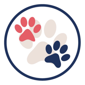 Multiple paw print logo with blue outline