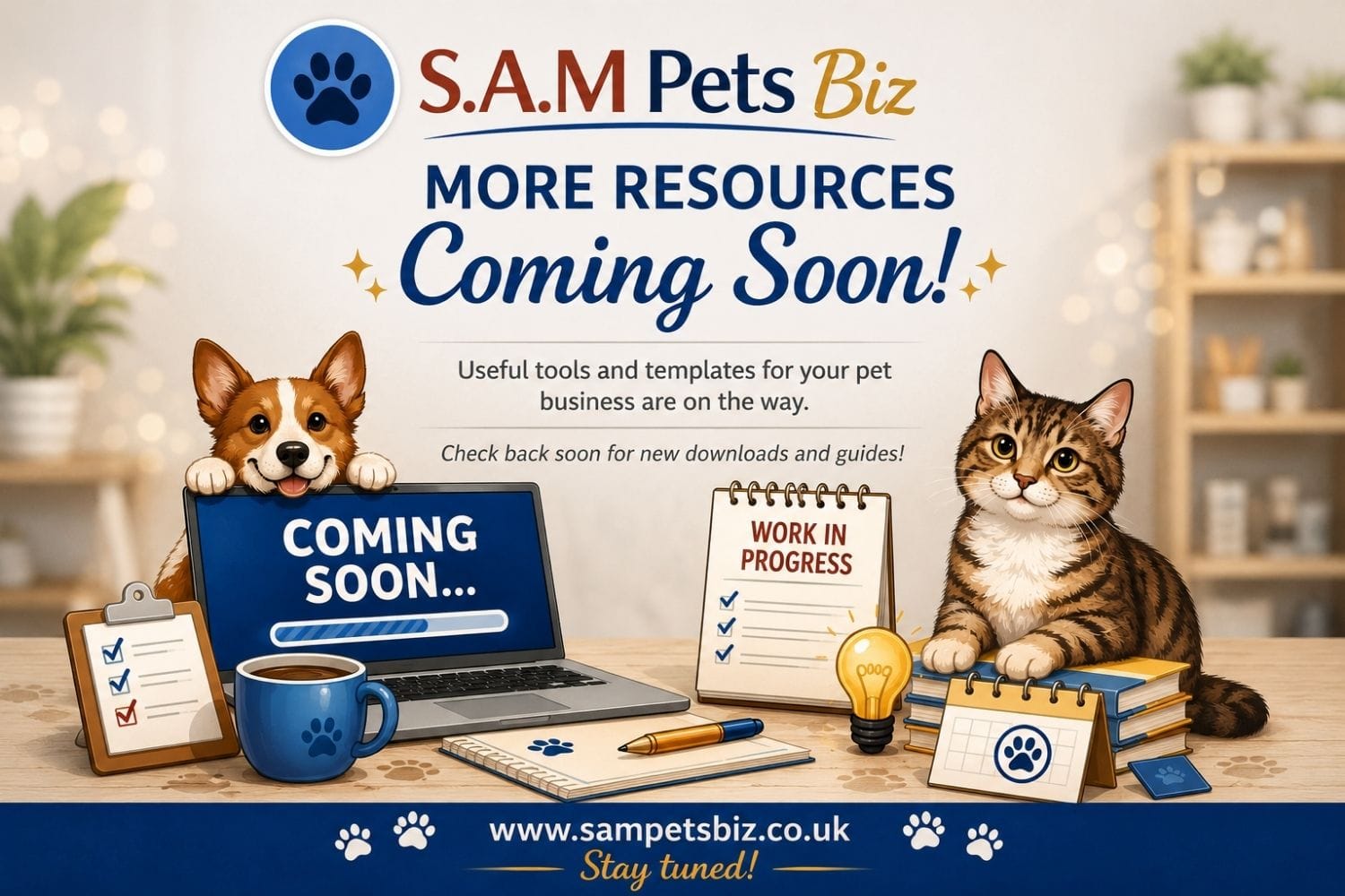 S.A.M Pets Biz graphic with a dog and cat beside a laptop, announcing more pet business resources coming soon