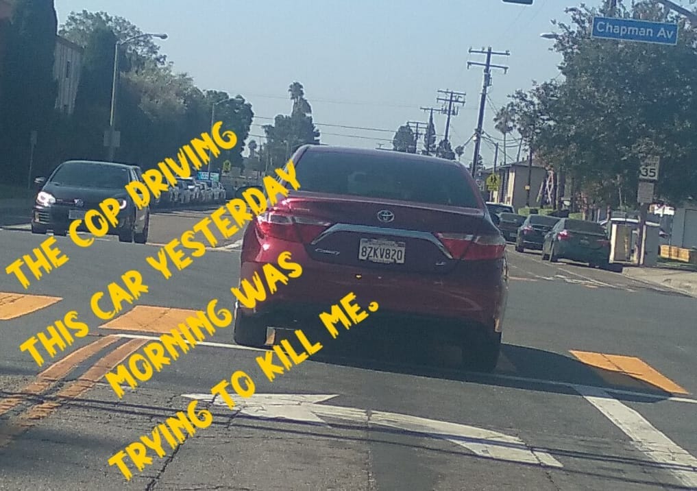 LICENSE PLATE 8ZKV820 FULLERTON WHITE COP TRIED TO KILL ME RUNNING ME OFF THE ROAD