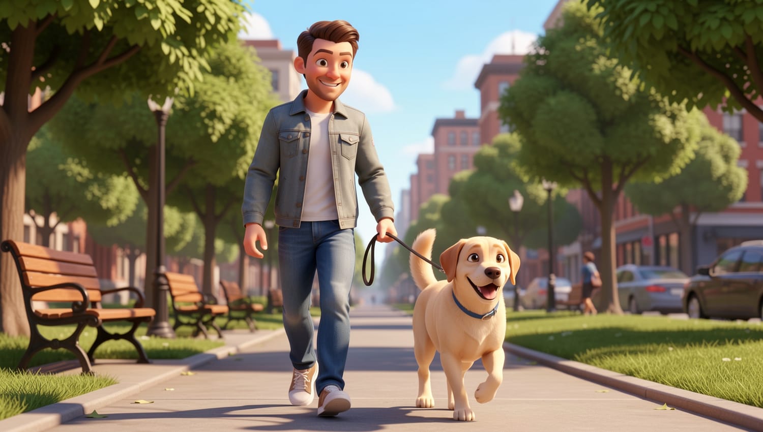 VideoExpress AI V3 A man in a casual jacket and jeans, holding a leash