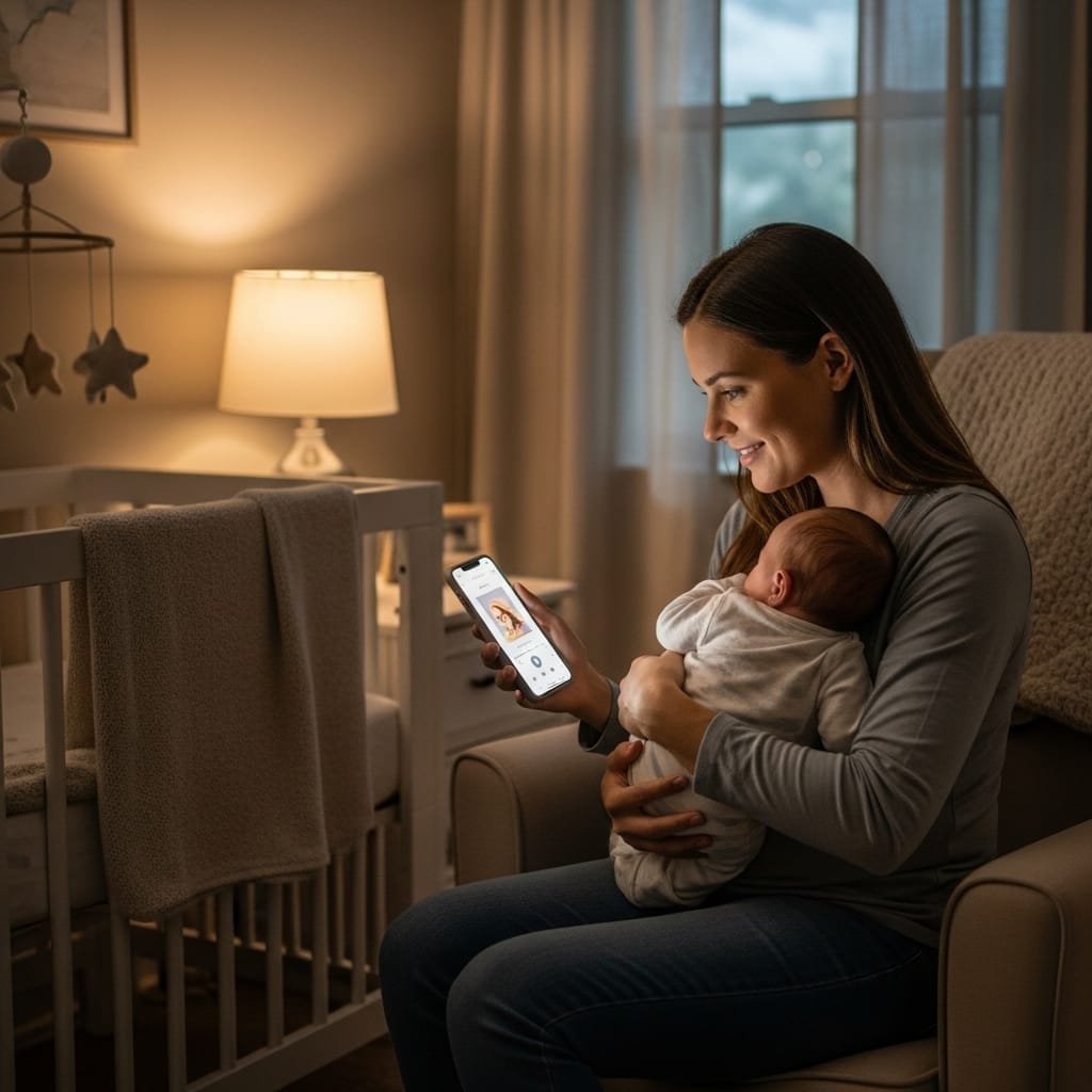 Warm nursery at night with crib mobile and moonlight
