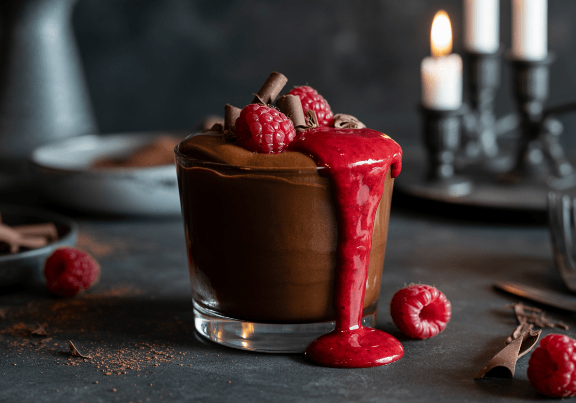 Bloody Chocolate Mousse keto dessert with raspberry blood sauce