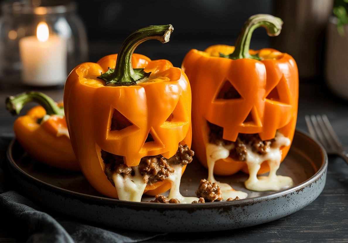 Keto Jack-O’-Lantern Stuffed Peppers Halloween lunch