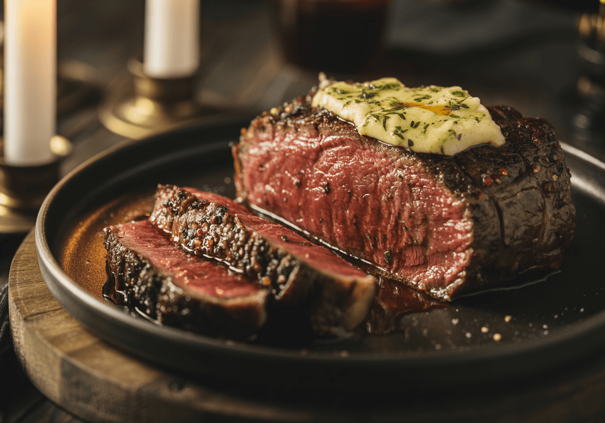 Keto Vampire Steak with Garlic Butter dramatic steak dinner