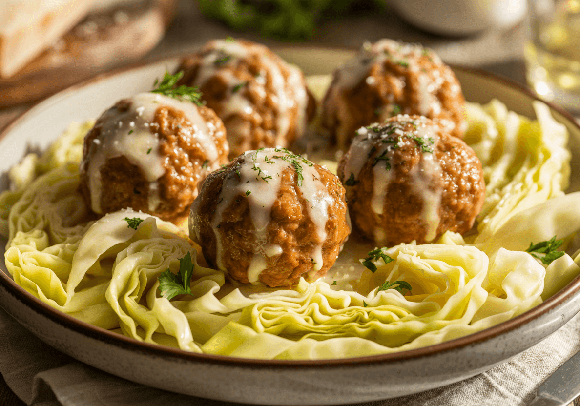 Keto Garlic Butter Meatballs with Cabbage Noodles