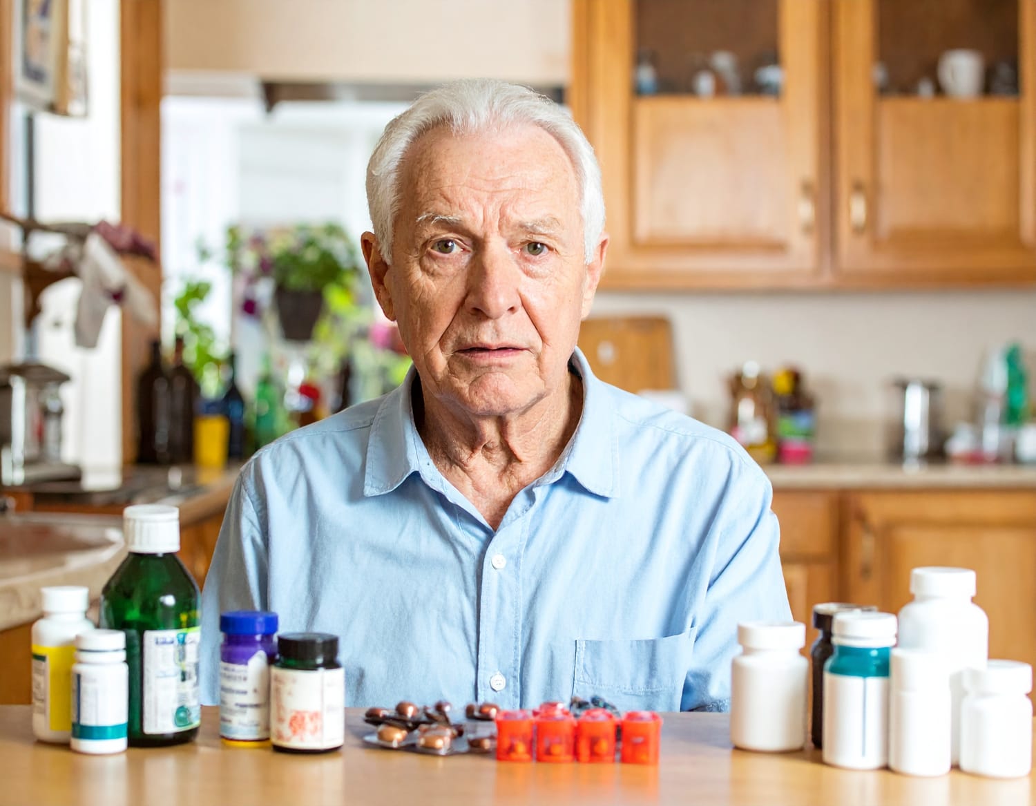Elderly South African parent managing medication alone at home