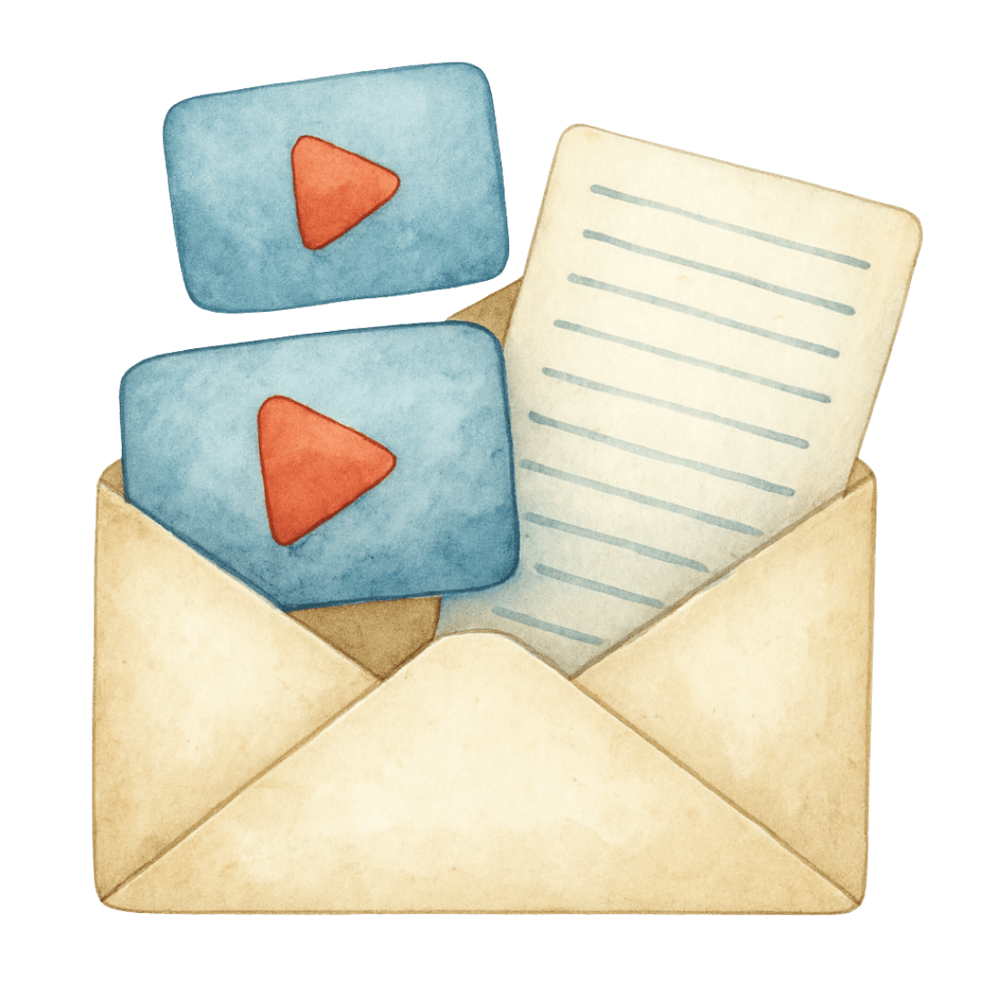 illustration à l'aquarelle d'une enveloppe ouverte d'où sortent 2 vidéos et une feuille de papier