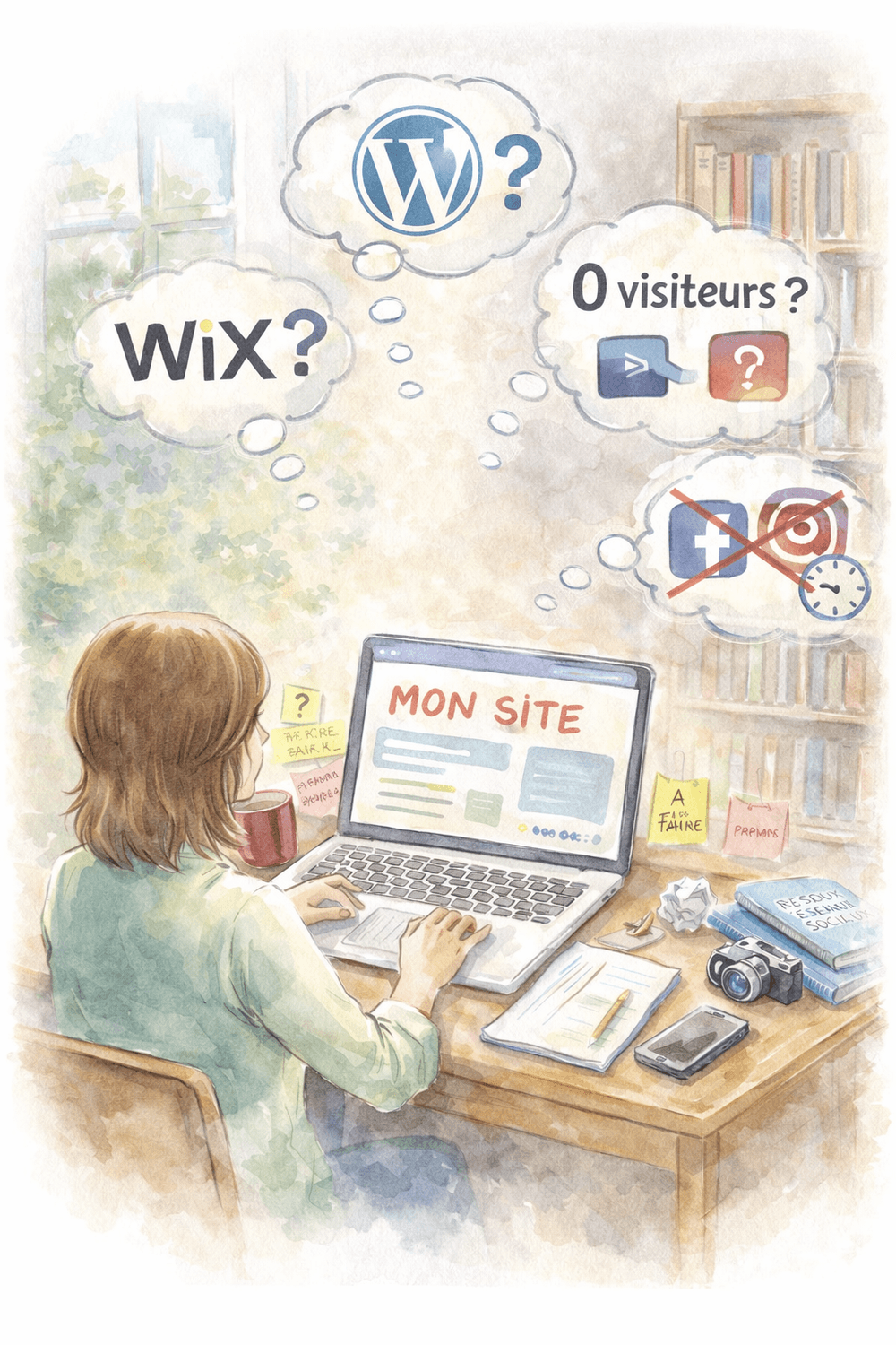 une femme perdue devant son ordinateur, elle ne sait si elle doit choisir wix ou wordpress, pourquoi elle n'a pas de visiteurs, pense que les réseaux sociaux sont trop chronophages