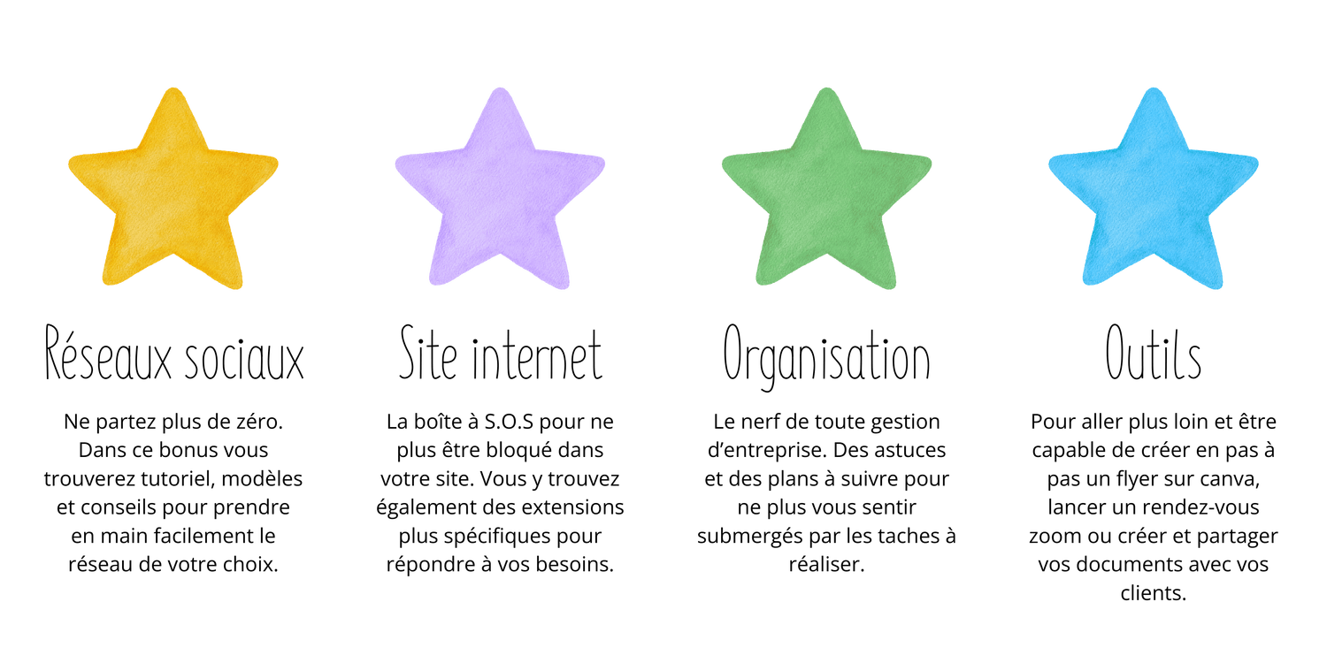 les 5 rubriques bonus : les réseaux sociaux (comprendre et apprendre le réseau dont on a besoin), site internet (rubrique sos pour répondre aux problèmes et aux besoins plus spécifiques), l'organisation (pour ne pas s'épuiser et abandonner), les outils (pour faire sa communication imprimée, créer une vidéo, lancer une visioconférence...)