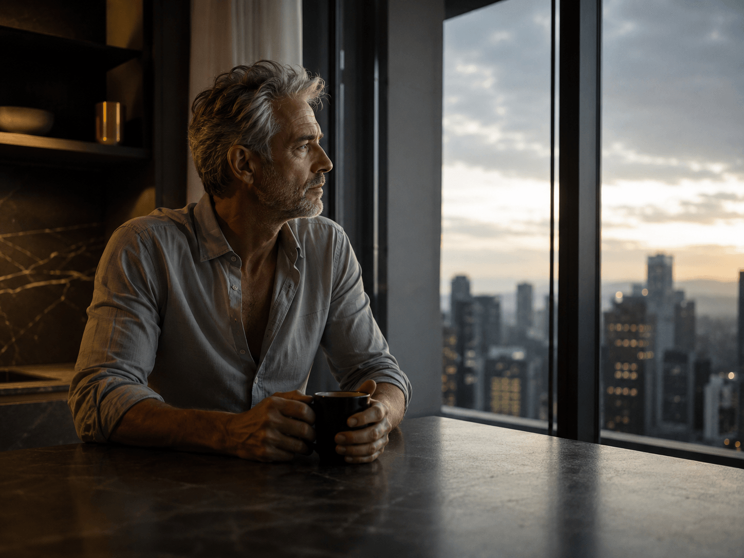 Man in a suit sitting quietly at a kitchen counter at dawn, city skyline through the window