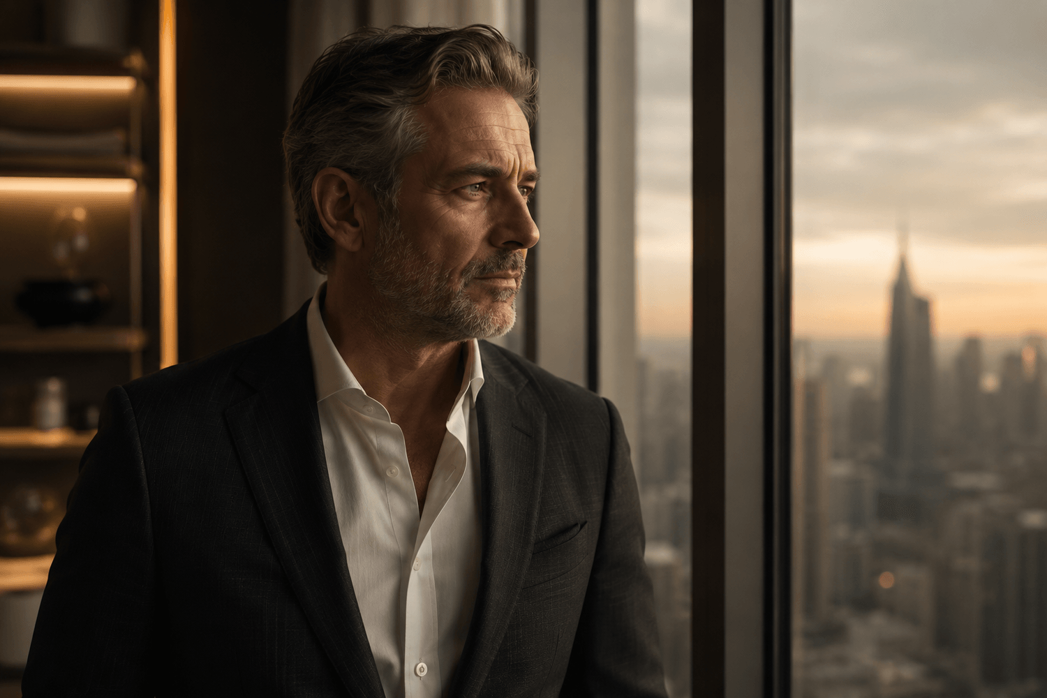 Successful professional with a tense, distracted expression despite outward success