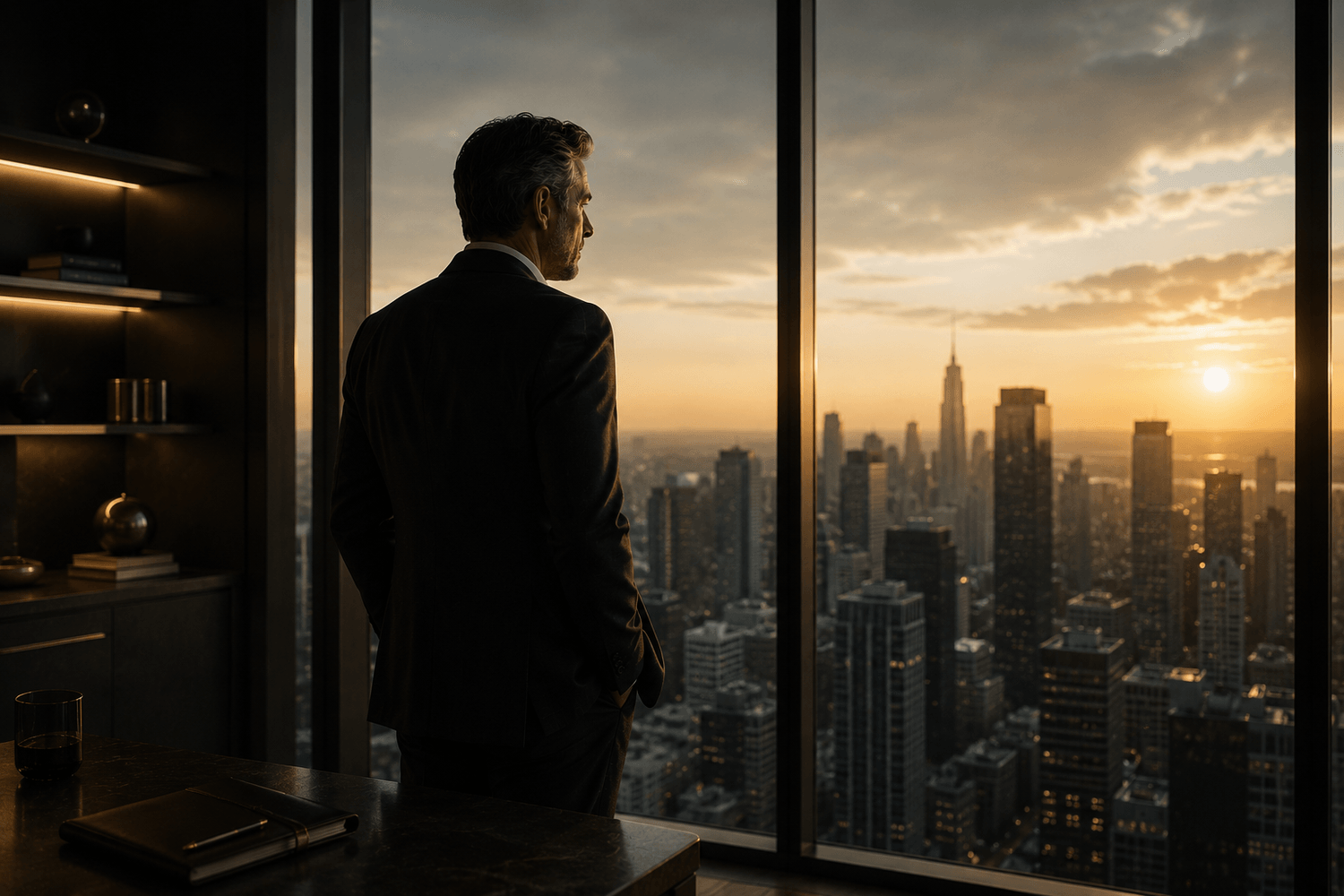 Successful entrepreneur looking out over a city skyline, lost in thought