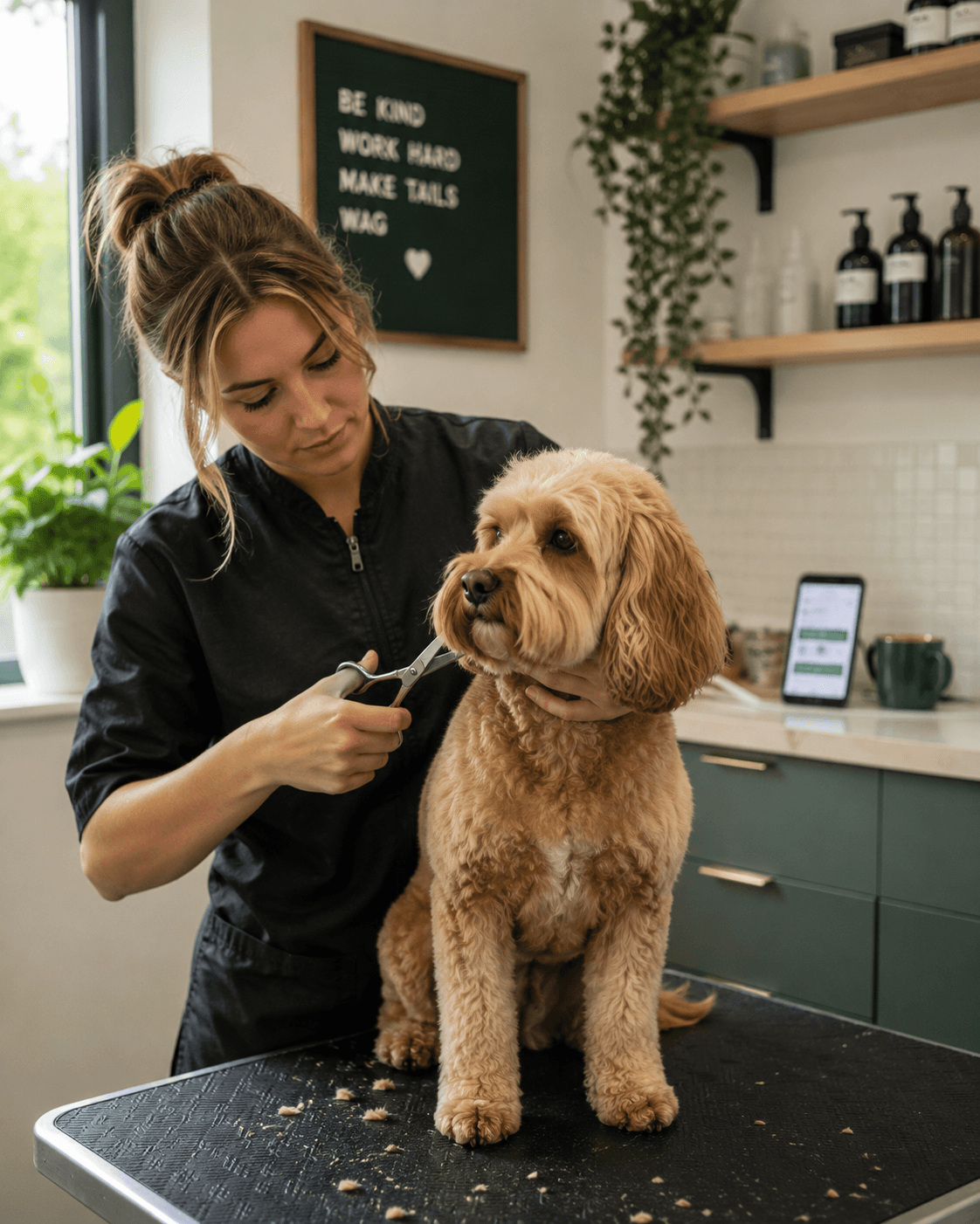 Dog groomer working with a dog in a modern grooming salon