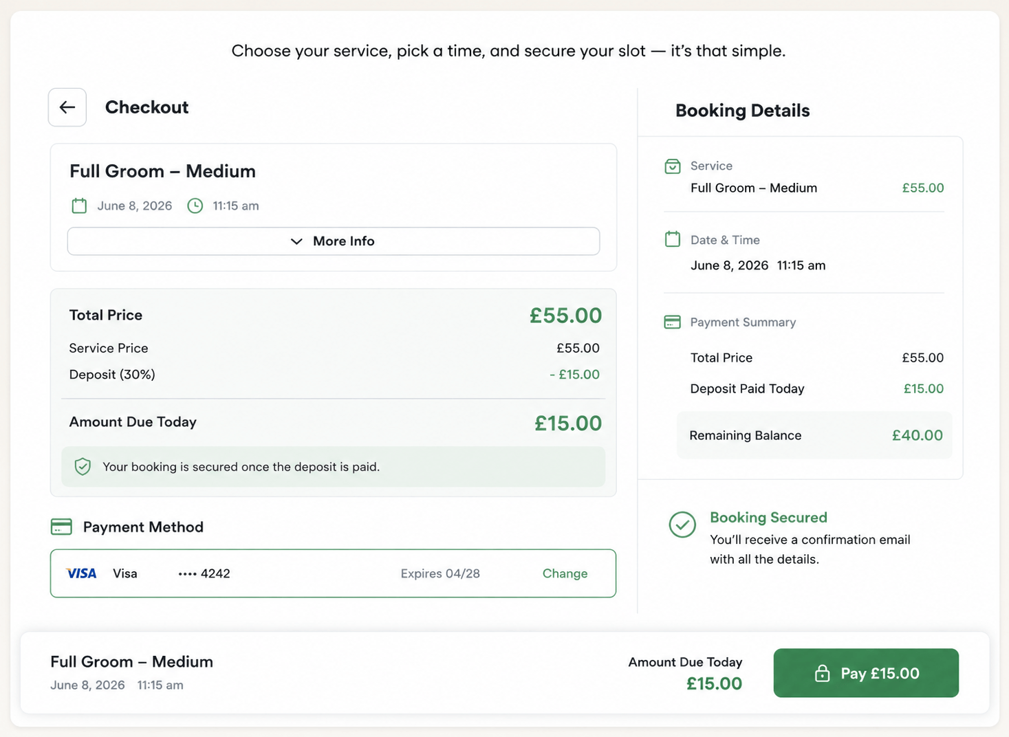Deposit payment booking screen